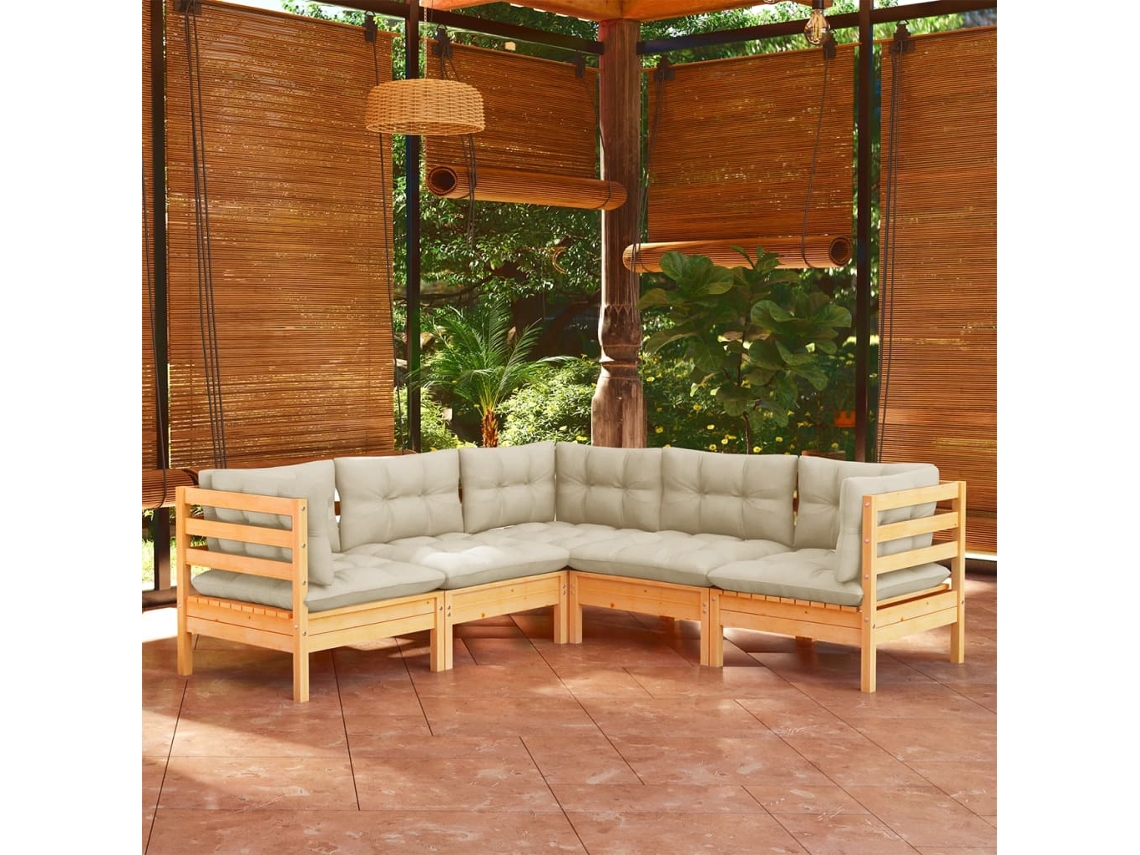 Vidaxl 5 Pcs Conjunto Lounge Jardim C/ Almofadões Creme Pinho Maciço
