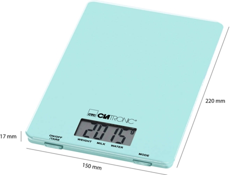 Balança de Cozinha CLATRONIC KW 3626 Verde (Capacidade: 5 Kg - Precisão: 1 g) — balança de cozinha com superfície em vidro, pesagem até 5kg com intervalos de 1g.