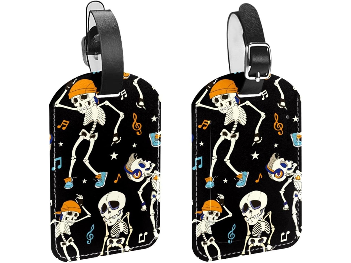 Conjunto De 2 Etiquetas Bagagem Em Couro Pu Com Design Esqueleto, Ideais O Halloween, Ouvir Música E Proteção