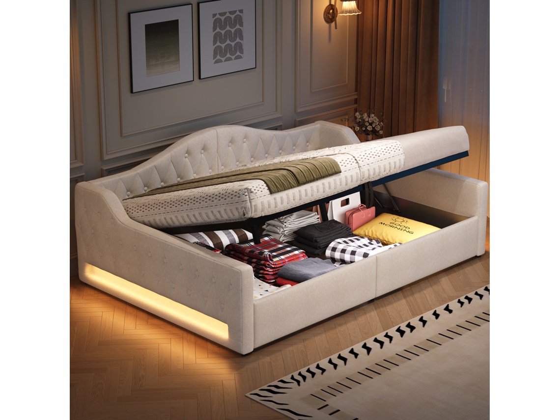 Daybed Estofado 140x200 com Cinto de Led e Armazenamento por Baixo, Bege Ge
