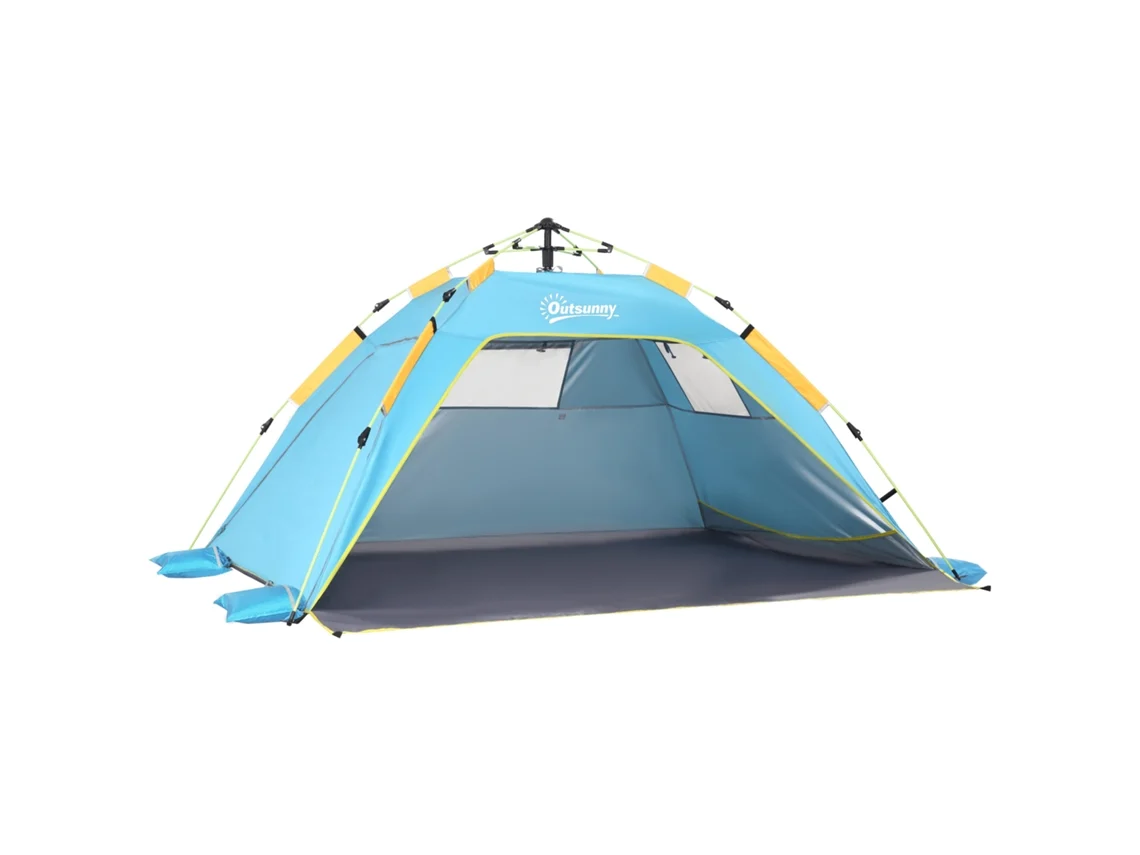 Tenda de praia pop up com porta com zíper, poliéster e fibra de vidro, 220x173x120 cm azul claro e amarelo S/MARCA