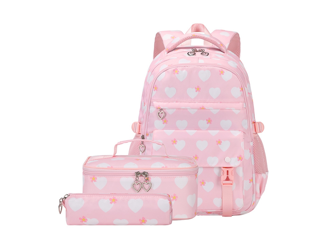 Mochila De Estudante Love Print Conjunto De Três Peças Grande Capacidade Rosa