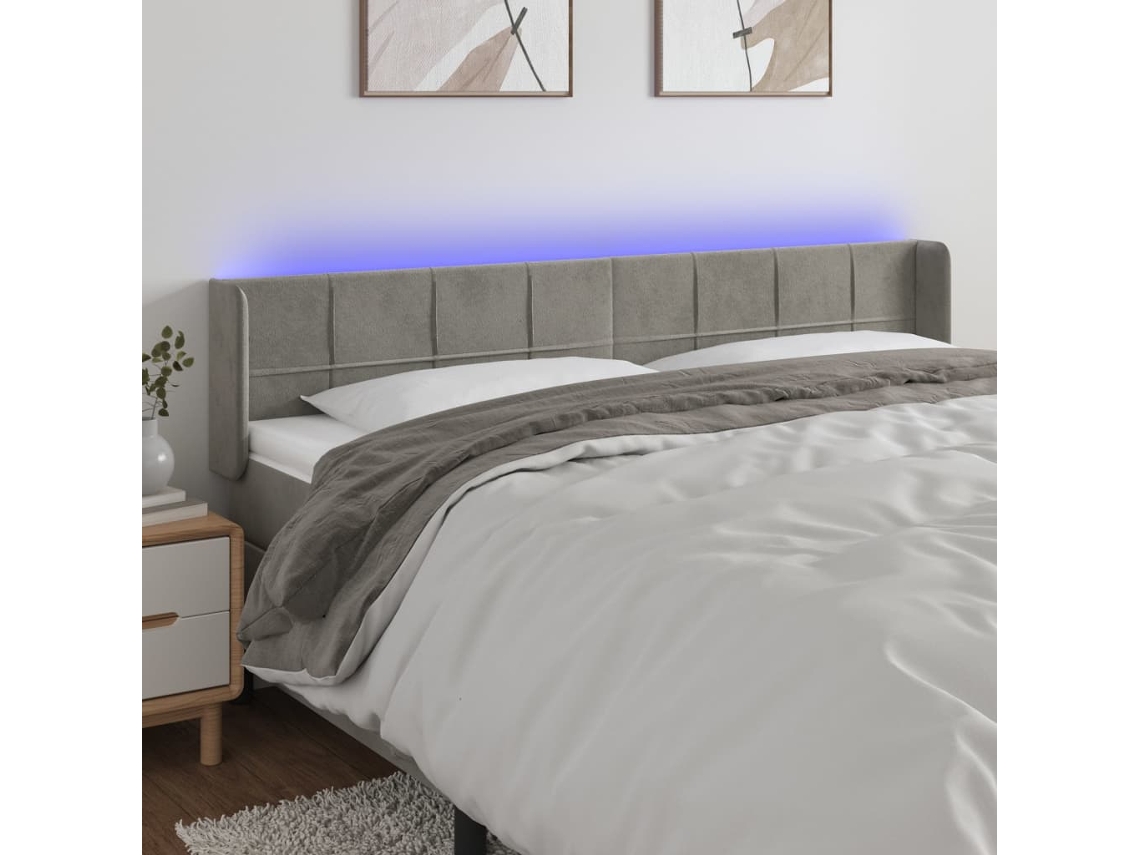 Vidaxl Cabeceira Cama C/ Luzes Led Veludo 183x16x78/88 Cm Cinza-claro