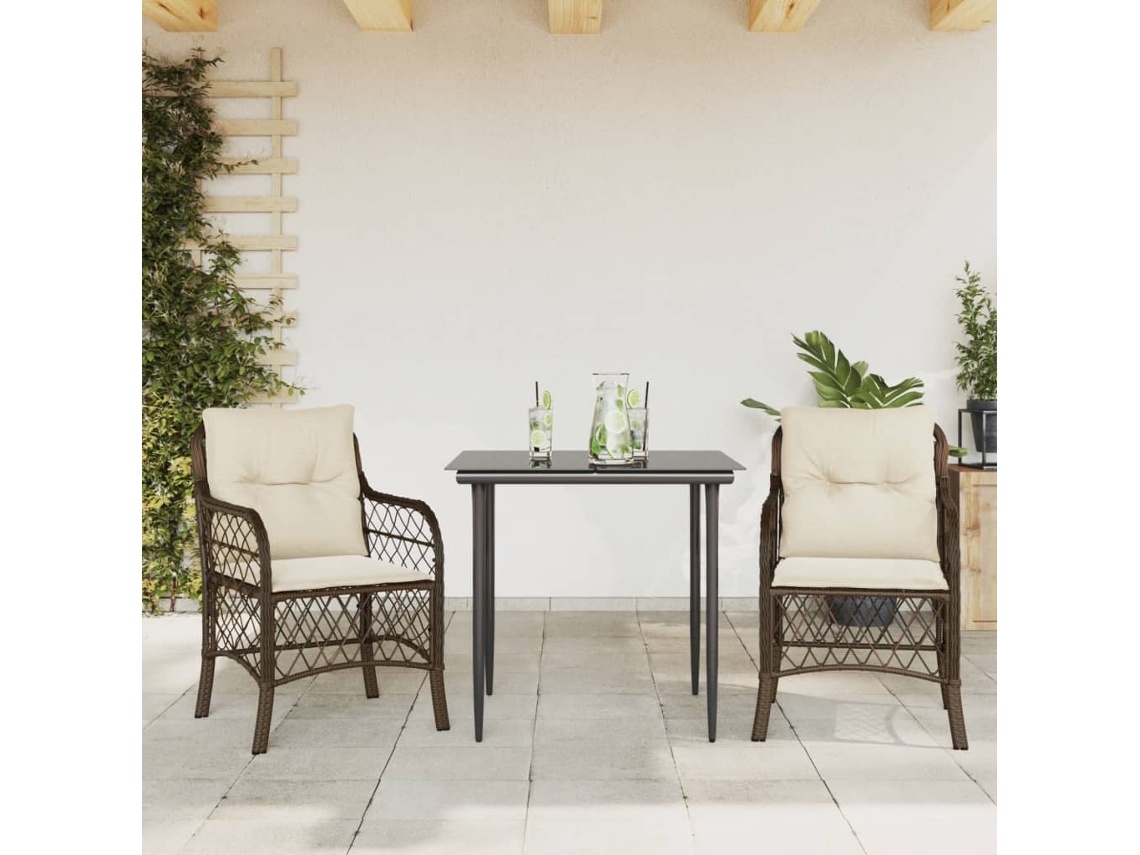 Vidaxl 3 Pcs Conjunto Bistrô Com Almofadões Vime Pe Castanho