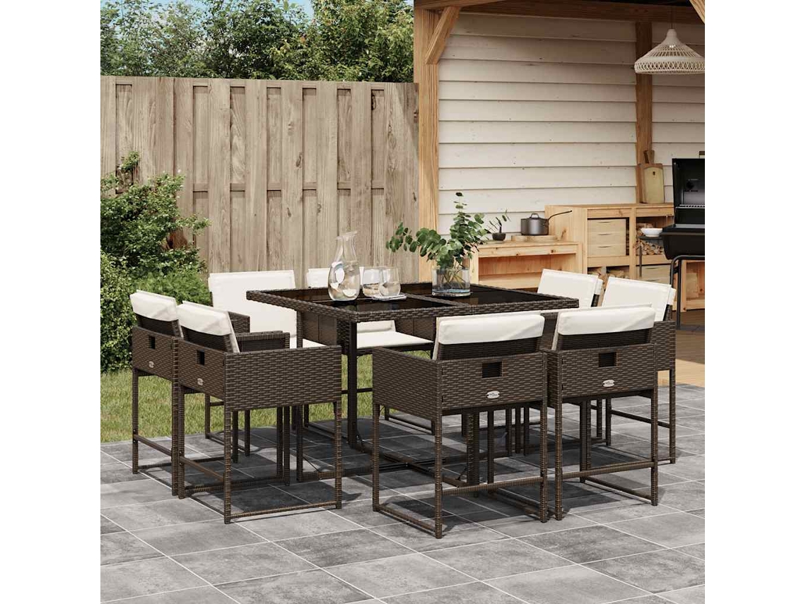 Vidaxl 9 Pcs Conjunto Jantar P/ Jardim C/ Almofadões Vime Pe Castanho