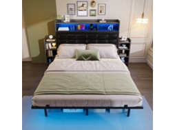 Cama de casal 140x190cm, metal e PU, LED multicores, USB, 2 criados-mudos deslizantes, moderno, cinza, KOMHTOM