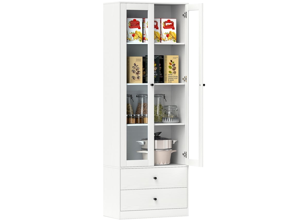 Móvel de Arrumação Moderno Vista com armário de vidro, prateleiras ajustáveis e 2 gavetas, 59x30x164cm, branco
