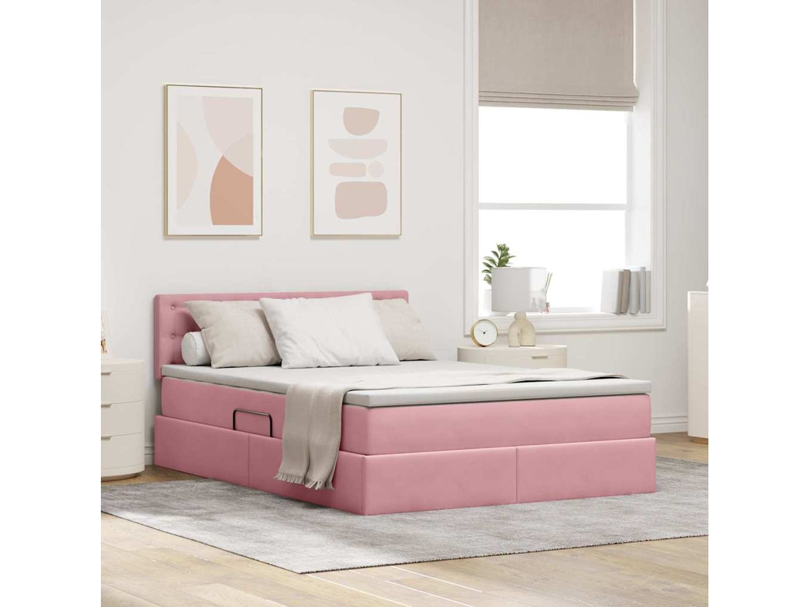 Vidaxl Cama De Armazenamento Led Com Colchão Rosa 140 X 200 Cm Veludo