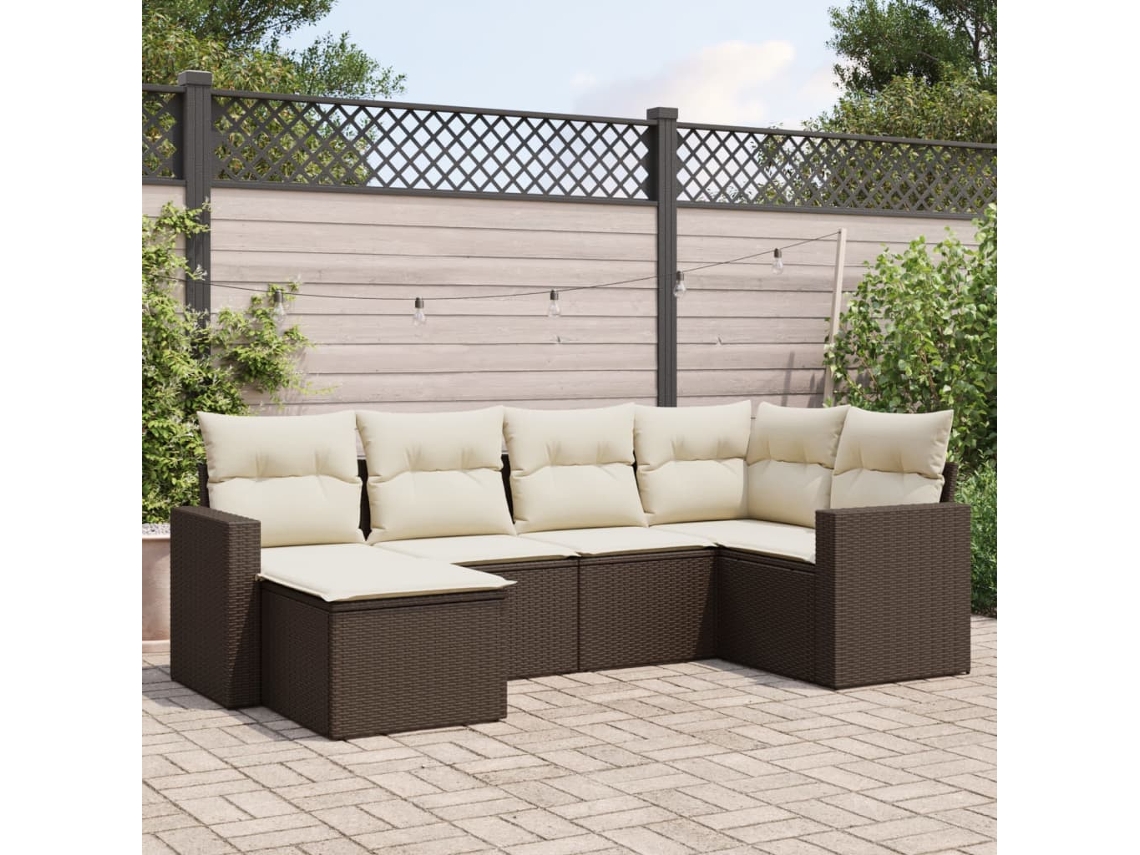 Vidaxl 6 Pcs Conjunto De Sofás Jardim C/ Almofadões Vime Pe Castanho