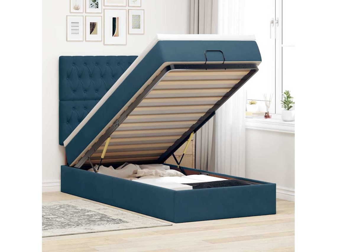 Vidaxl Estrutura de Cama Otomana com Colchões Azul Escuro Veludo
