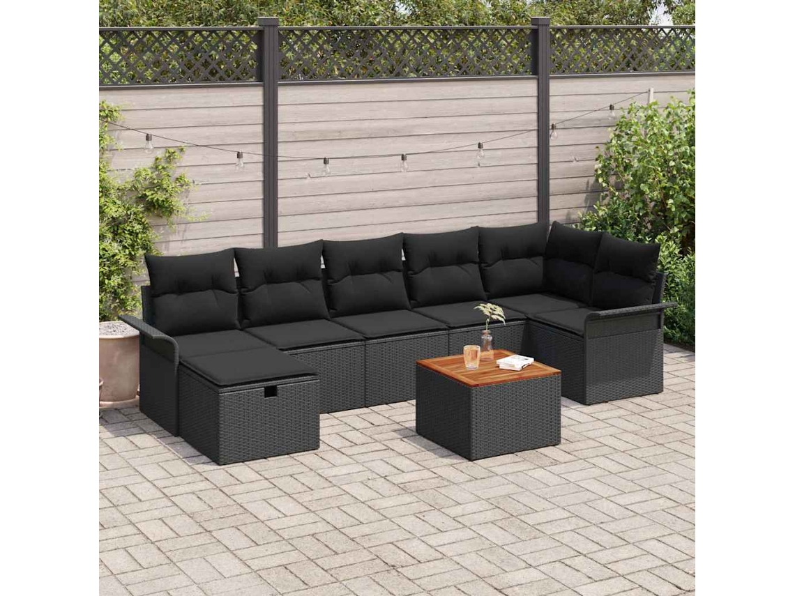 Vidaxl Conjunto De Sofá De Jardim Com Almofada 8 Pcs Preto Vime Pe