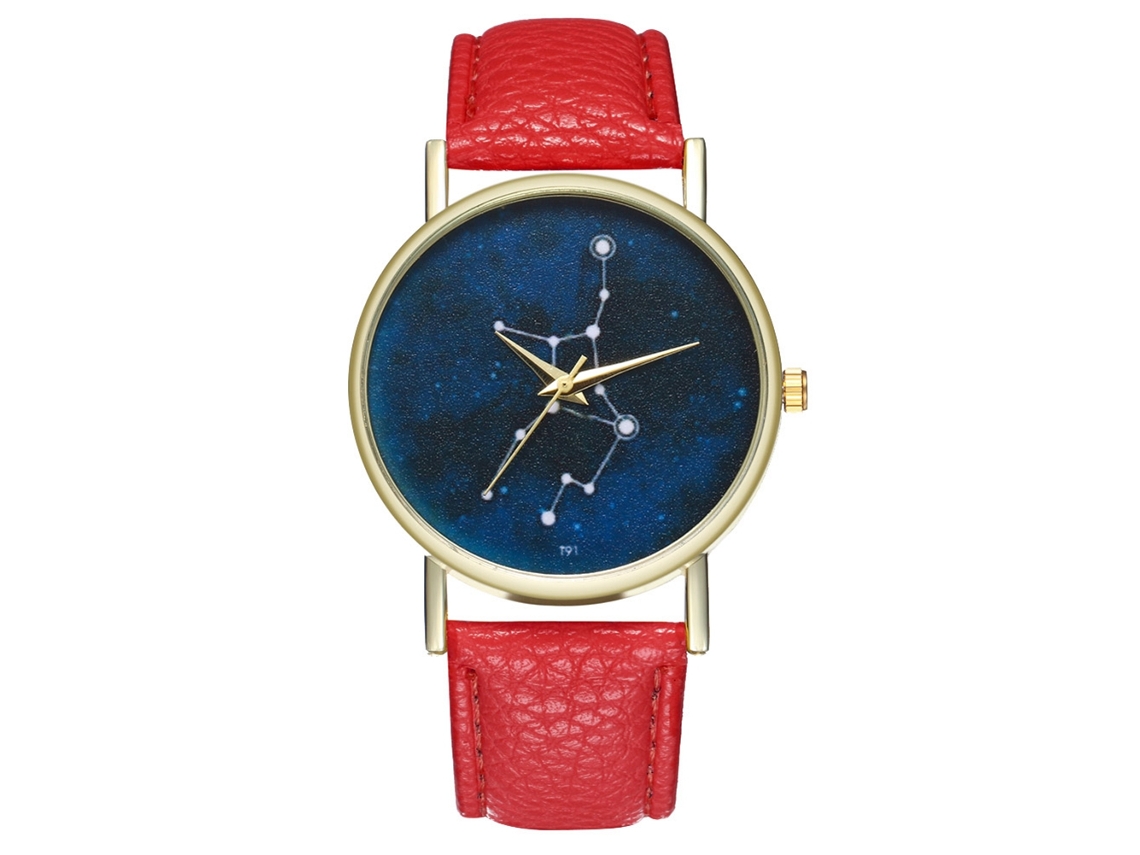 Relógio de quartzo com pulseira de couro PU, mostrador redondo moderno, céu estrelado vermelho.