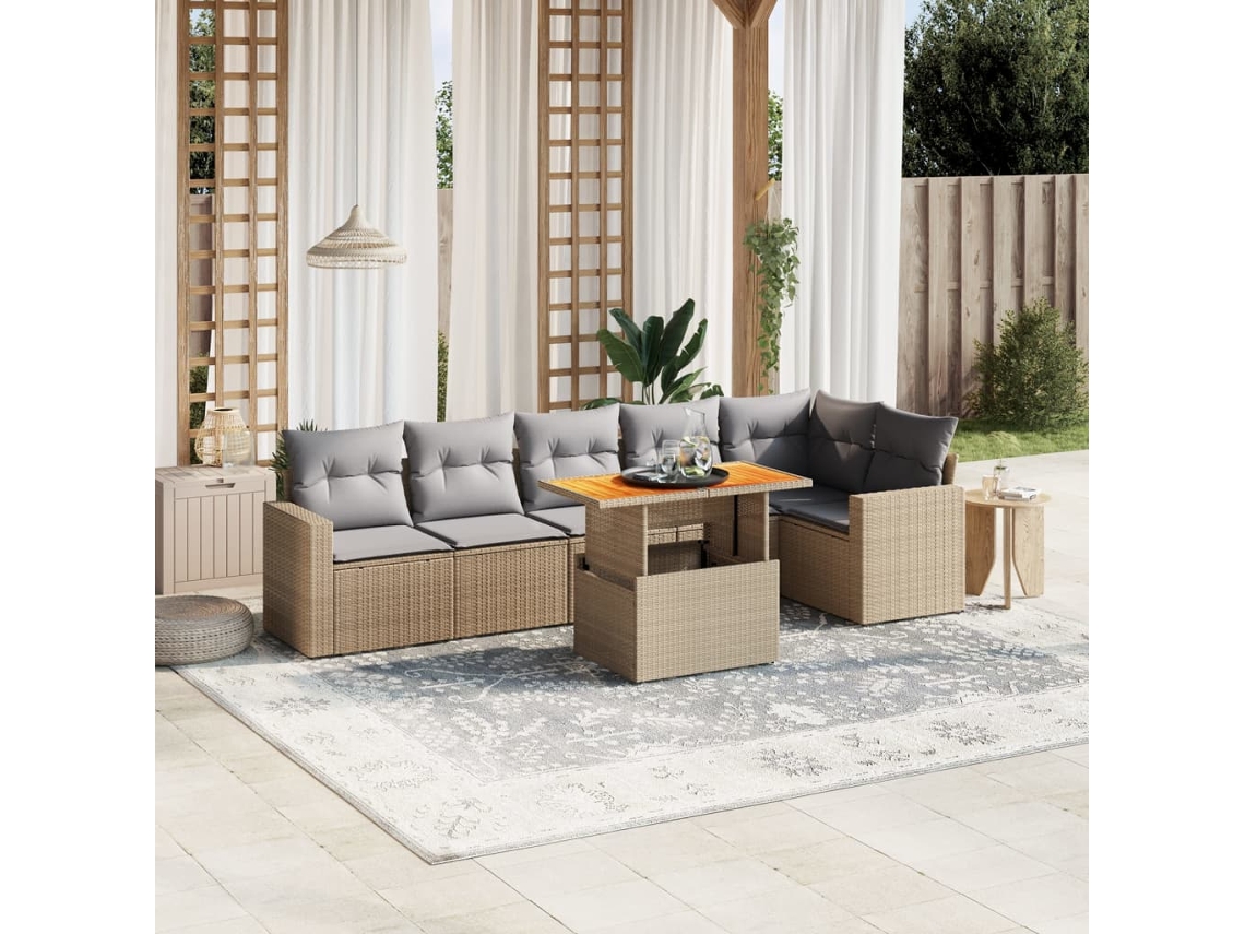 Vidaxl 7 Pcs Conjunto De Sofás P/ Jardim Com Almofadões Vime Pe Bege