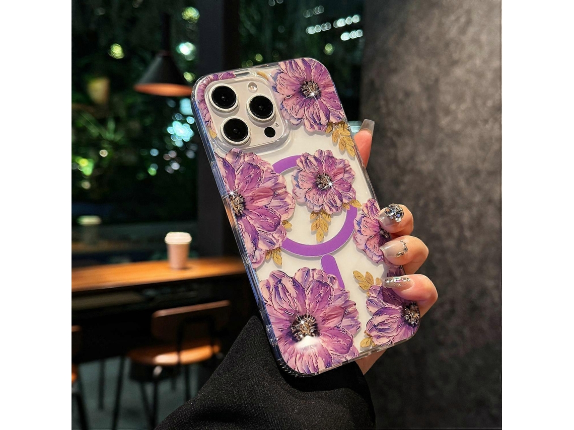 Capa Para Iphone 15 Pro Max Compatível Com Magsafe Laser Flower Pctpu Transparente