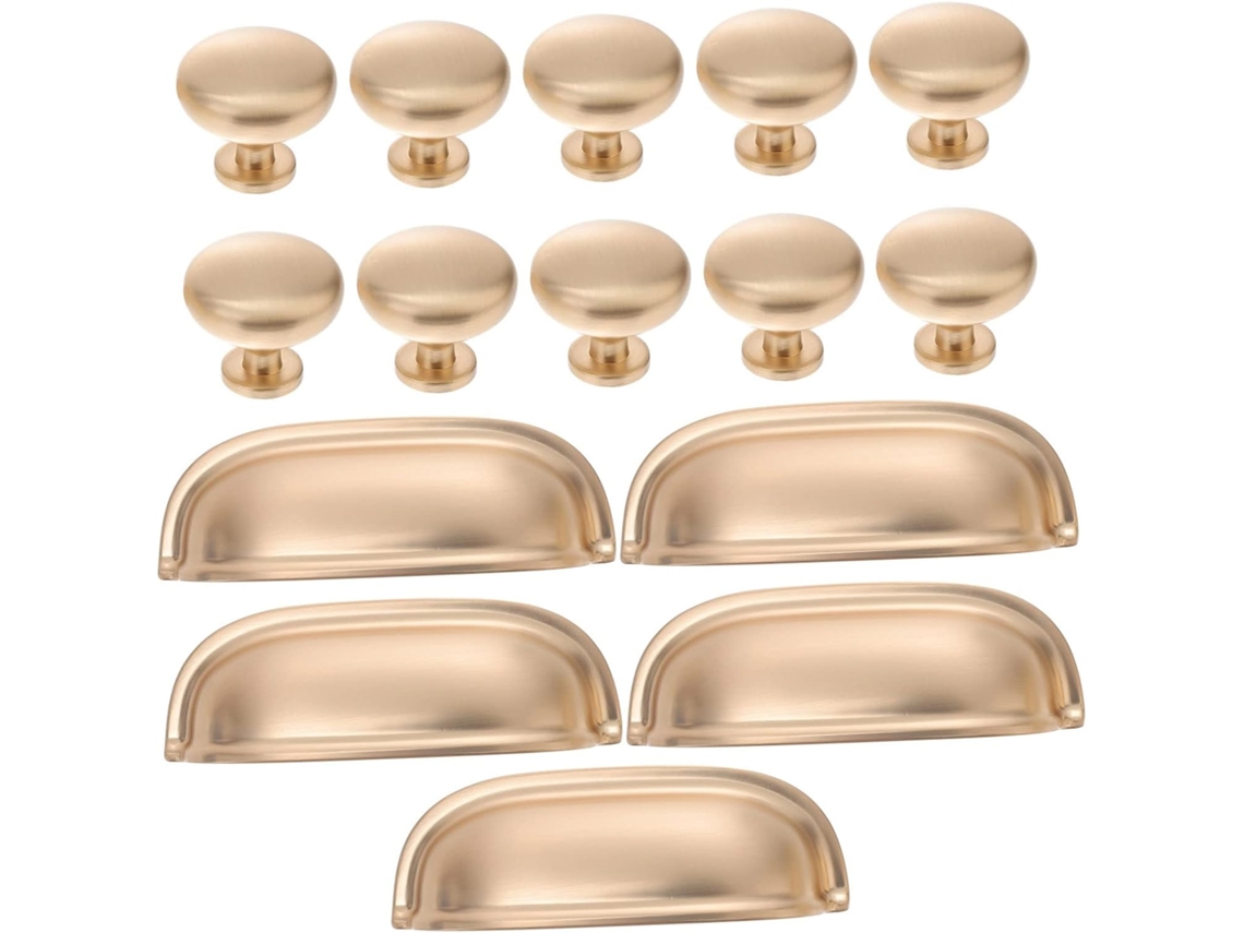 Conjunto De 15 Puxadores E Botões Para Gavetas De Móveis Em Dourado Escovado.