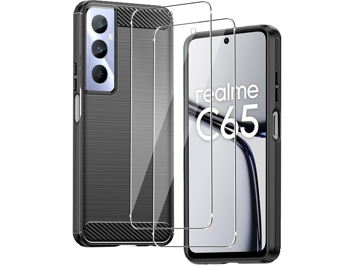 Conjunto De Capas Fibra Incluídas Para Realme Realme C65 4g Hongwe. Carbono Anti-choque Preto (2un)
