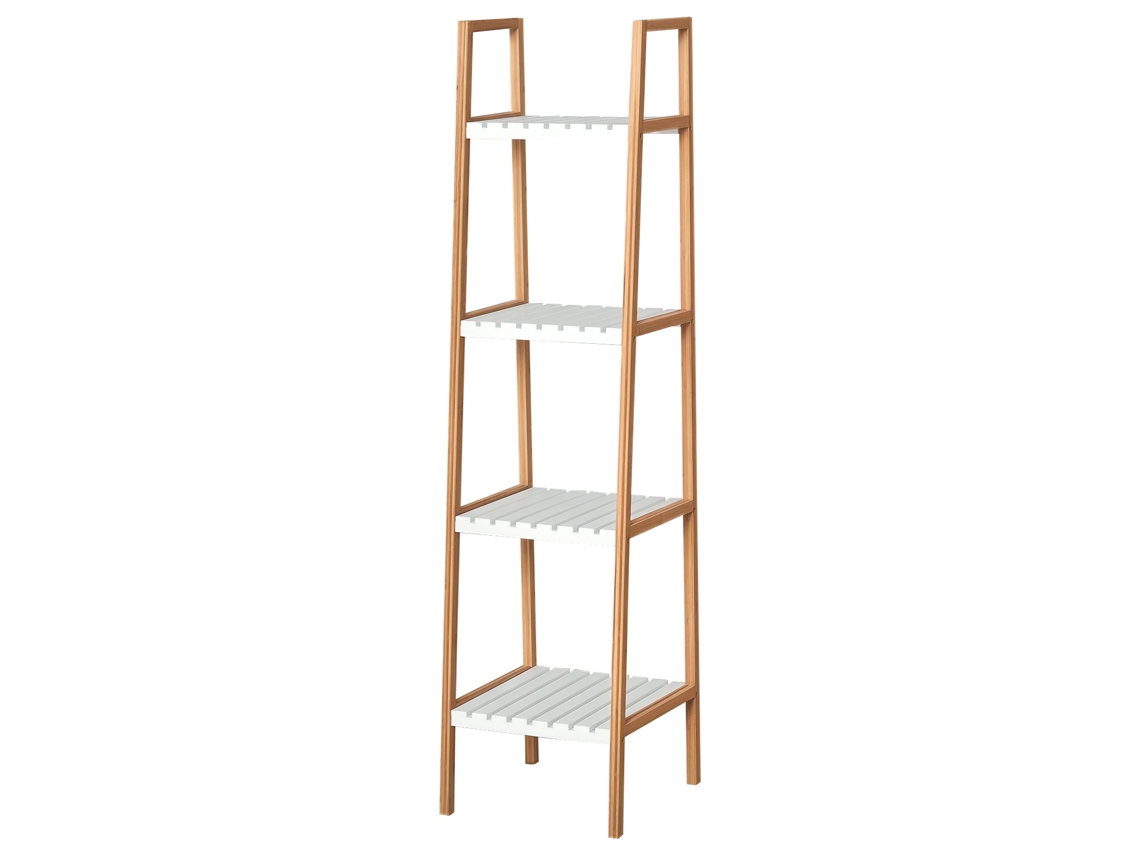 Estante Escada de Bambu 4 Níveis 35x36x138,5cm Branca e Natural, Móvel Multifuncional para Armazenamento de Banheiro, Sala e Cozinha. Ge