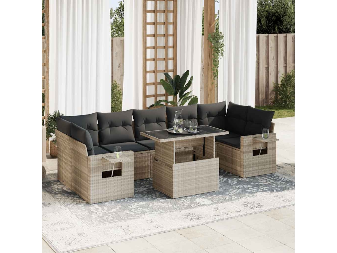 8 Pcs Conj. Sofás Jardim C/ Almofadões Vime Pe Cinza Claro Dkd Home Decor