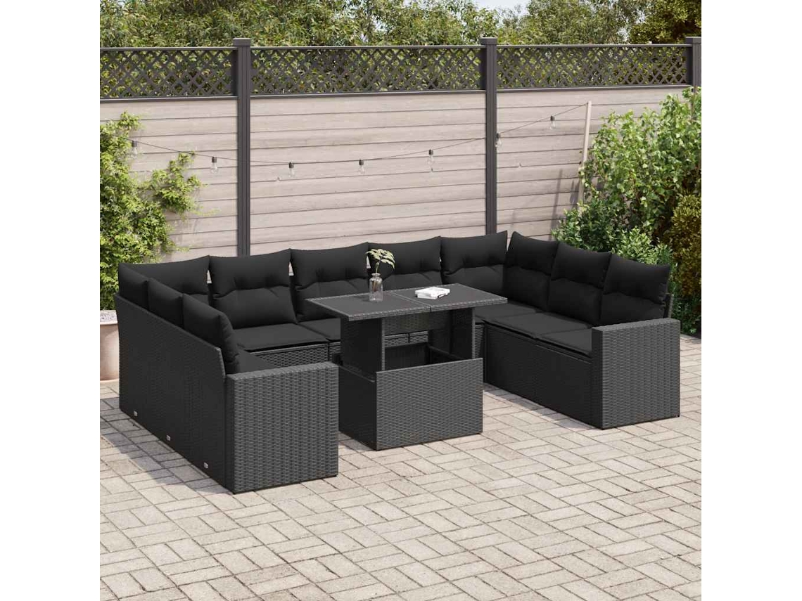 Vidaxl 10 Pcs Conjunto Sofás de Jardim C/ Almofadões Vime Pe Preto