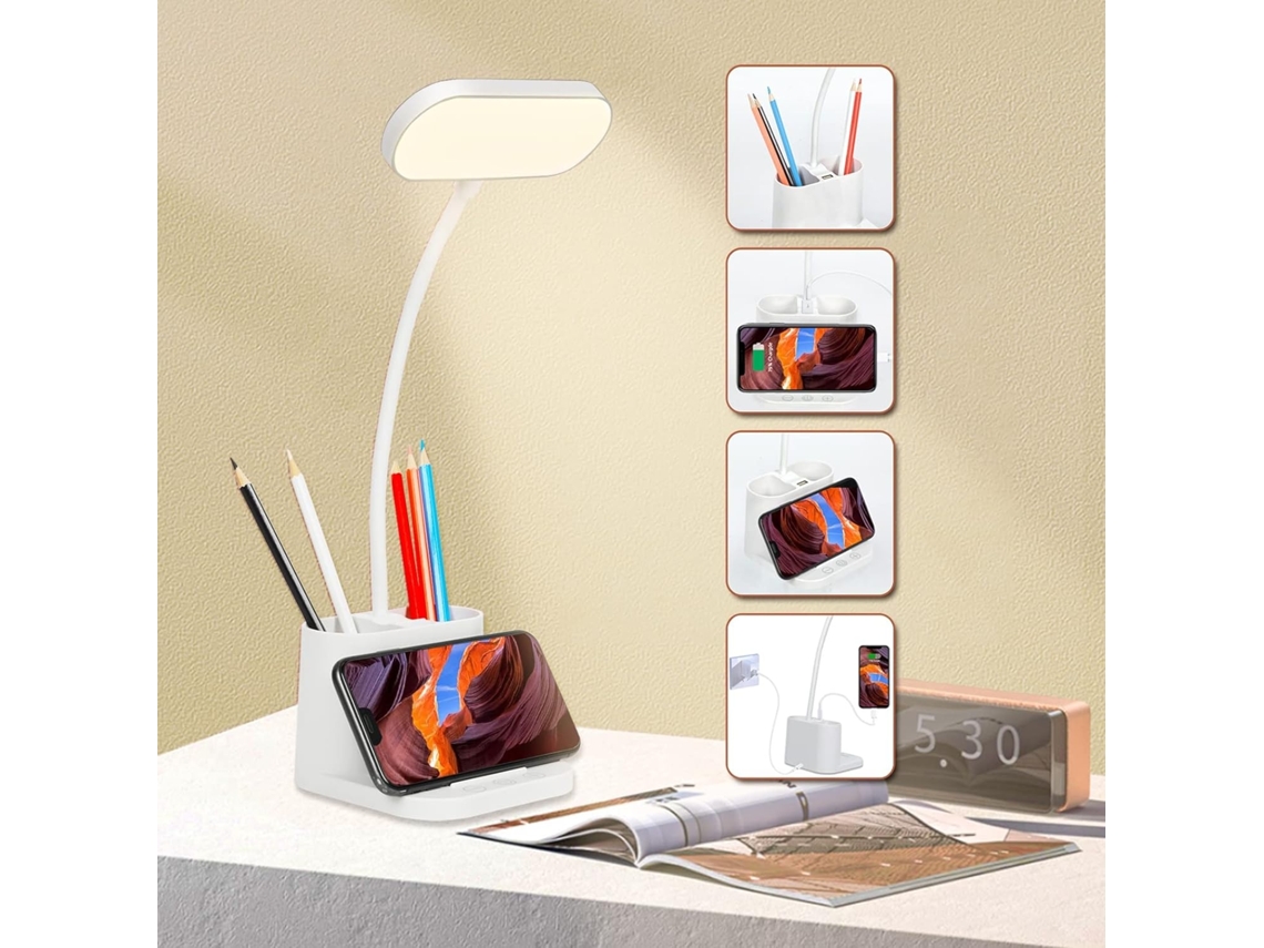 Lurelia Candeeiro Led De Mesa Com Suporte 2 Porta Recarregável 3 Modos Pescoço De Ganso