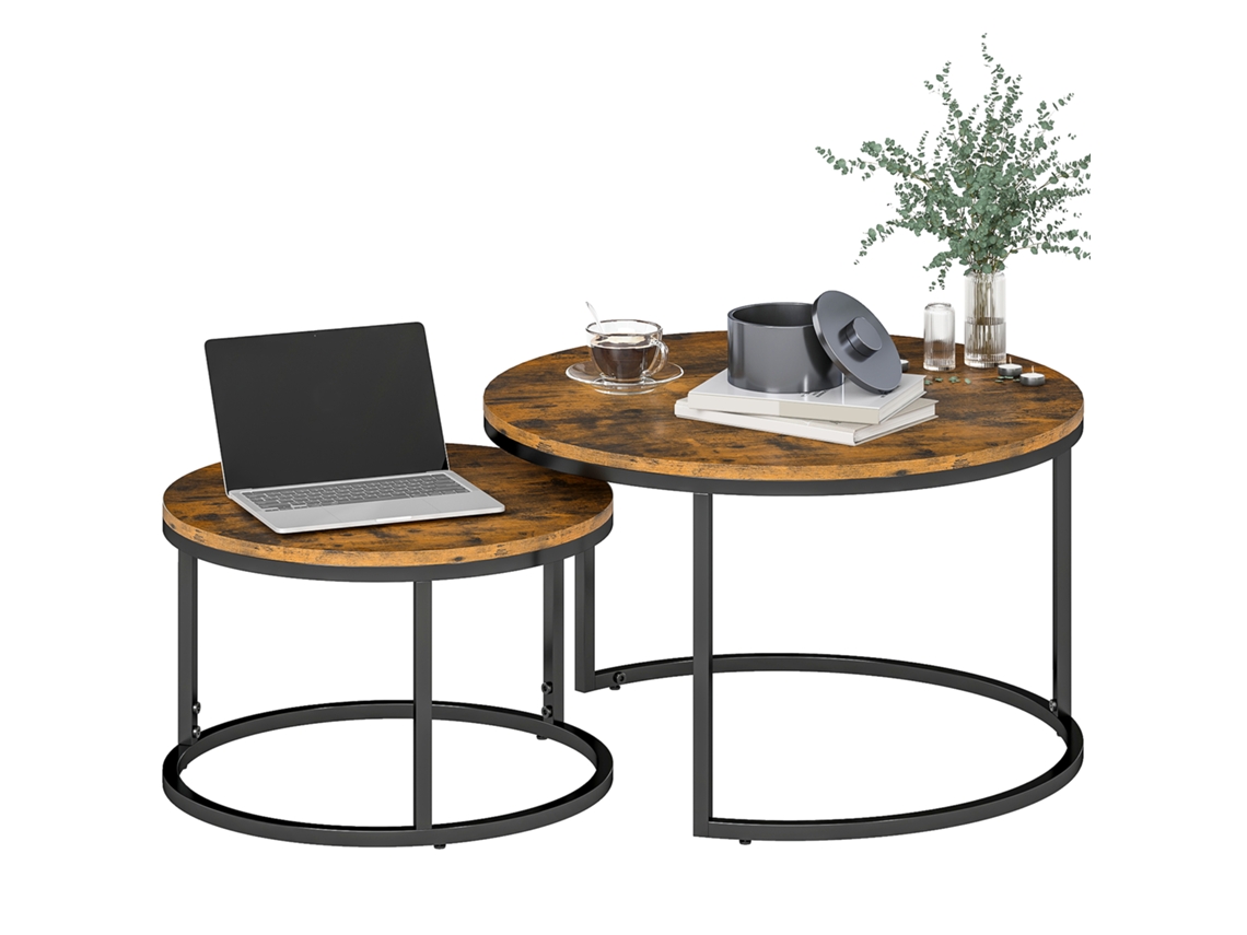 Conjunto De 2 Mesas De Café Empilháveis De Design Industrial, Tampo Imitação Cimento, Pés Em Metal Castanho Rústico