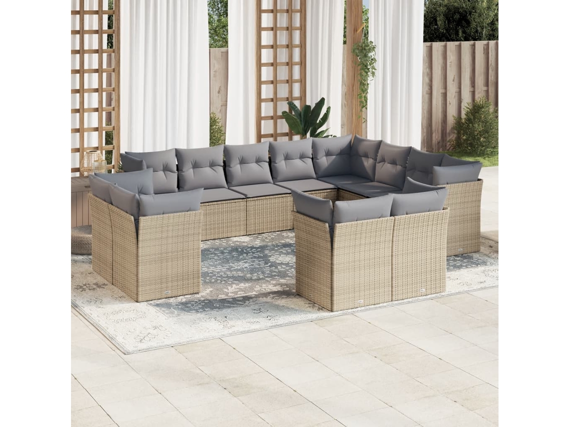 Vidaxl 12 Pcs Conjunto De Sofás P/ Jardim Com Almofadões Vime Pe Bege