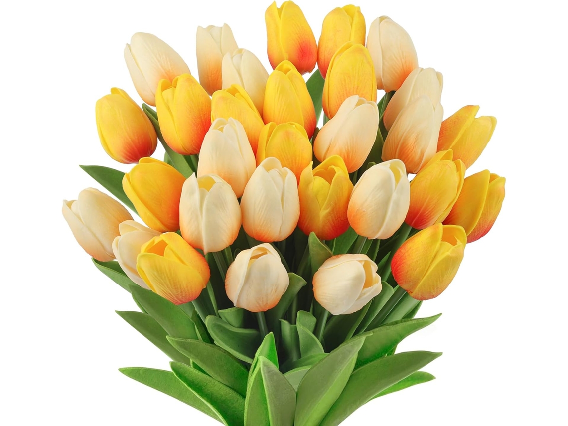 Tulipas Artificiais, 30 Unidades, Flores Artificiais para o Dia Dos Namorados, Casamento e Decoração de Casa AQUAFORGE (amarelo Mesclado)