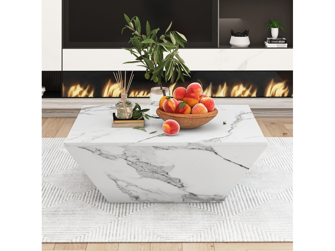 Mesa Centro Tambor Trapezoidal Mármore Branco 70x70x37 Moderna Sala