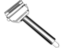 Descascador versátil em aço inoxidável com lâminas duplas para legumes e frutas, ideal para batatas-doces, cenouras e maçãs.