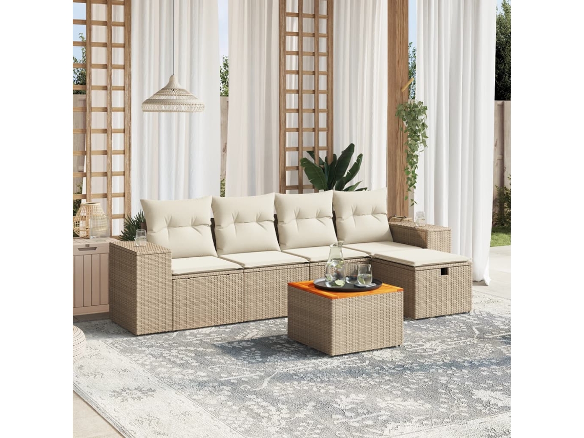 Vidaxl 6 Pcs Conjunto De Sofás P/ Jardim Com Almofadões Vime Pe Bege