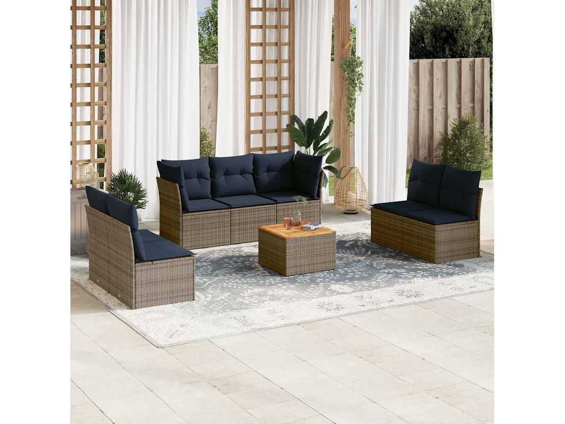 Vidaxl 8 Pcs Conjunto Sofás P/ Jardim C/ Almofadões Vime Pe Cinzento