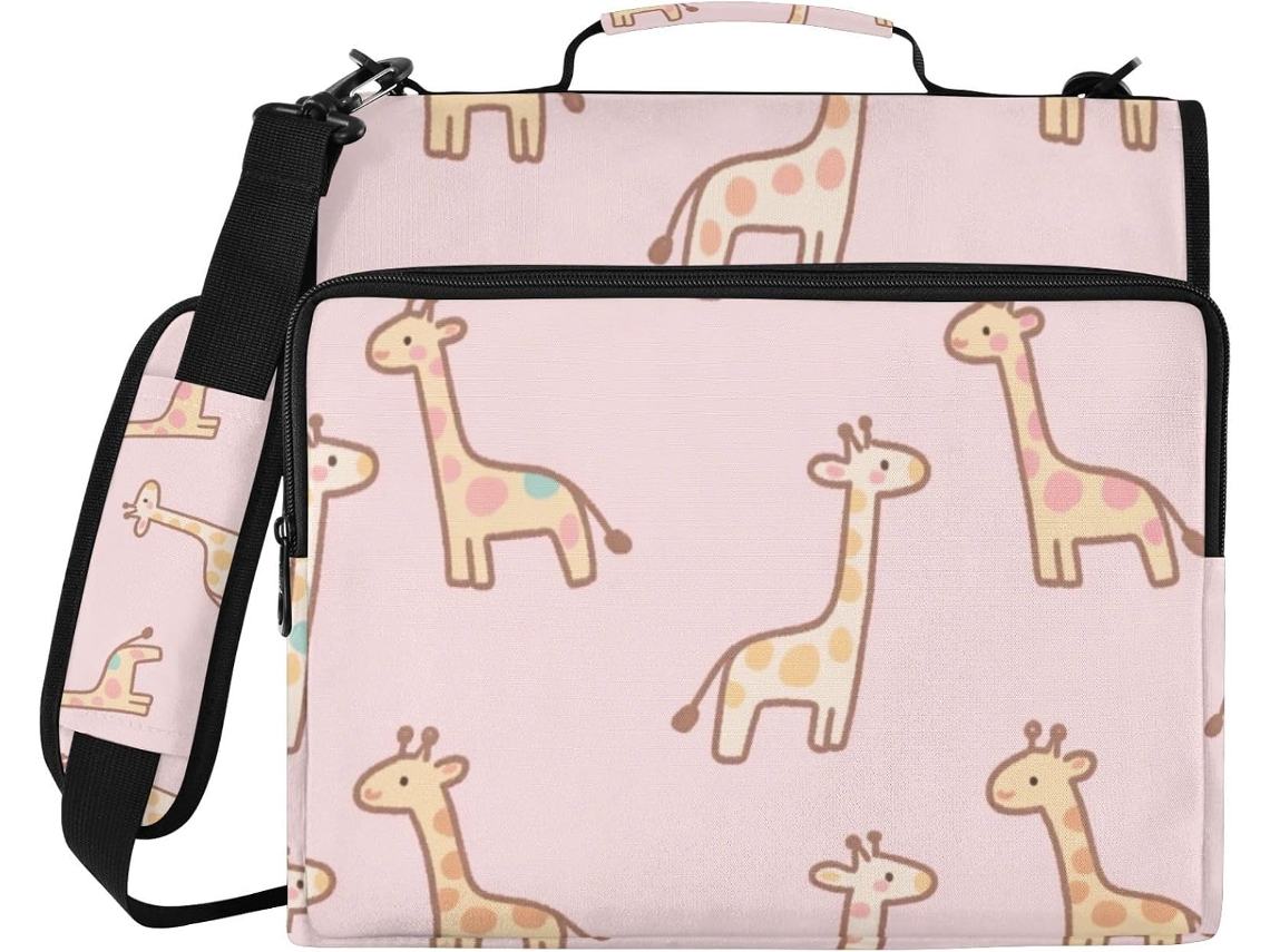 Pasta de Argolas 3,8 Cm com Estampa Girafa Rosa, Fecho Zíper e Alça Vários Bolsos. Ideal para Guardar Document