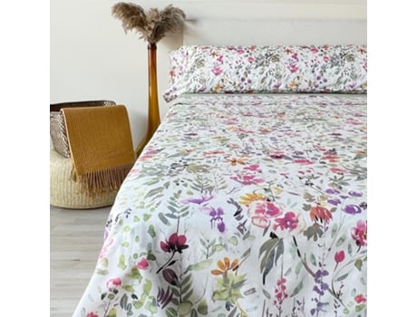 Conjunto De Lençóis 100 Algodão Flores De Aguarela Multicoloridas 3 Peças - Cama 135 Cm