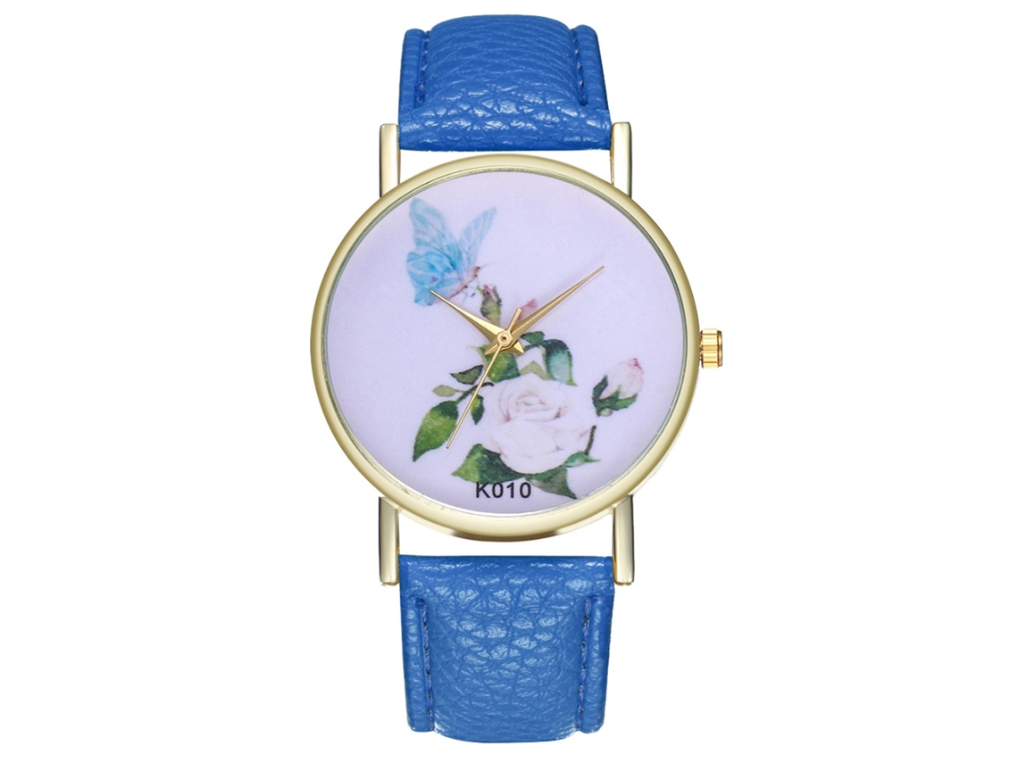 Relógio de quartzo unissex Zhoulianfa com pulseira de couro PU e mostrador floral azul royal.