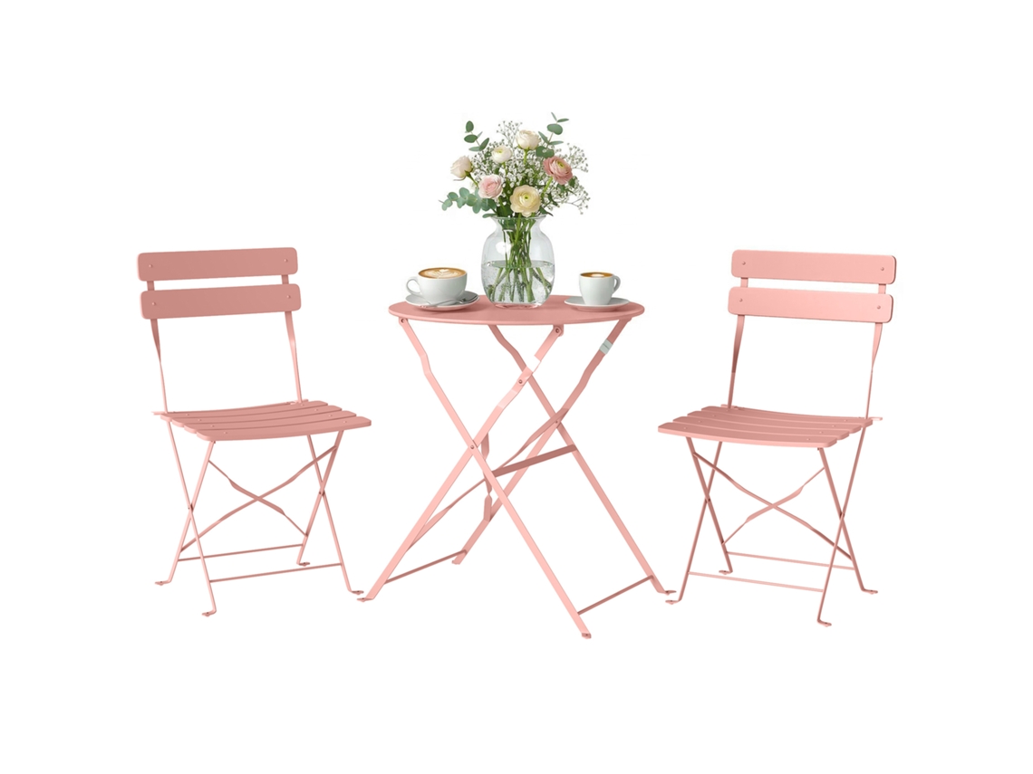 Conjunto de bistrô de jardim de 3 peças: mesa e 2 cadeiras dobráveis com ripas, dupla proteção contra ferrugem, rosa ZENCORE SERVICES