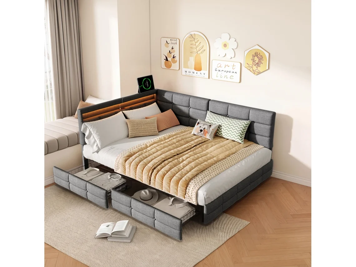 Sofá-cama L Estofado 140x200cm Cinza Em Linho Com Cabeceira Led, Usb Tipo-c E 2 Gavetas - Cama De Casal Multifuncional E Estrutura Reforçada