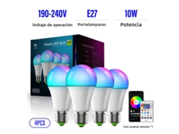 Conjunto De 4 Lâmpadas Led Inteligentes, 190-240v E27, Compatíveis Com Sincronização De Música Via Wi-fi E Dimerização Ble 5.0.