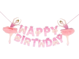 Banner De Aniversário Rosa Com Tema De Bailarina, Coroa E Laço.