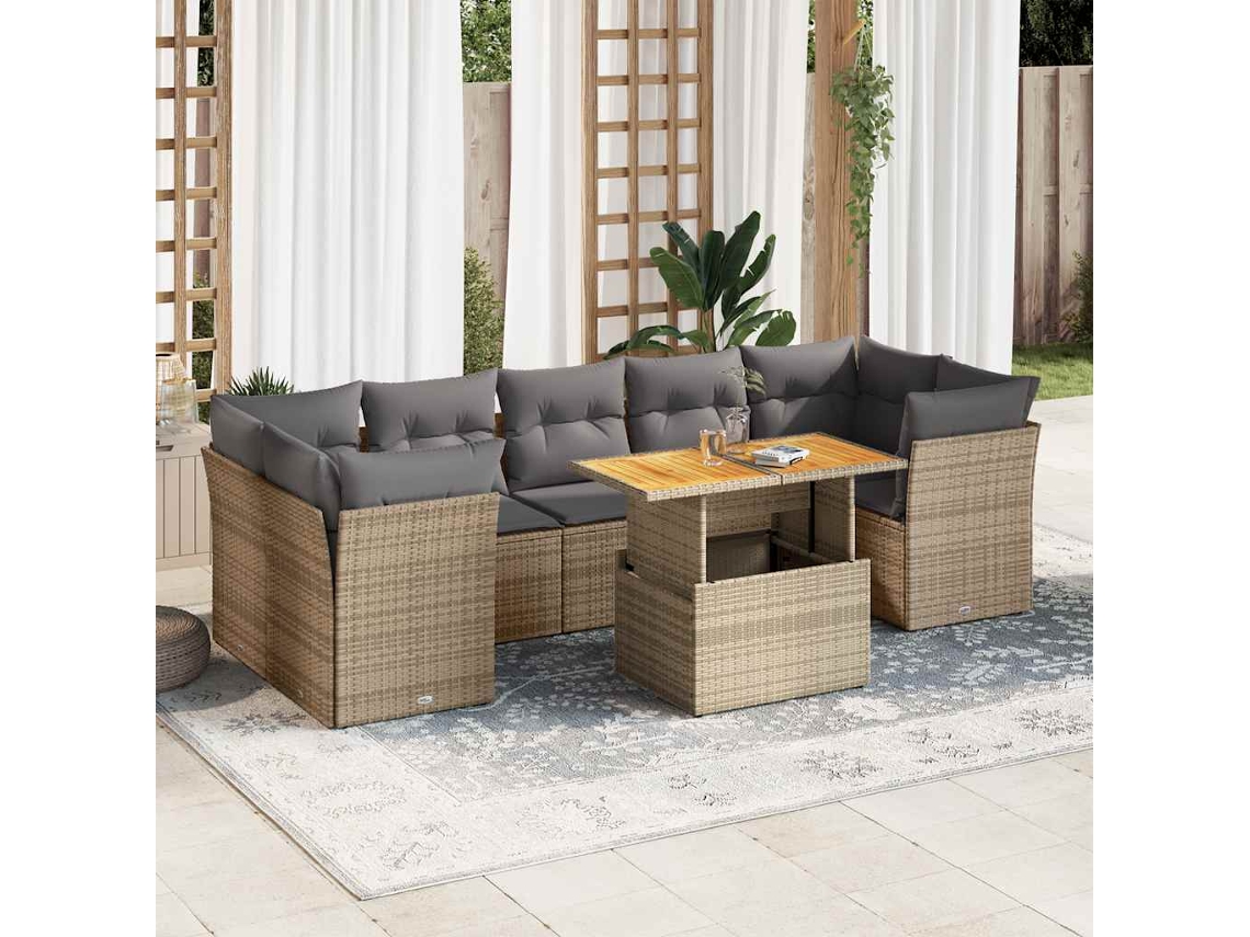 Vidaxl 8 Pcs Conjunto De Sofás P/ Jardim Com Almofadões Vime Pe Bege