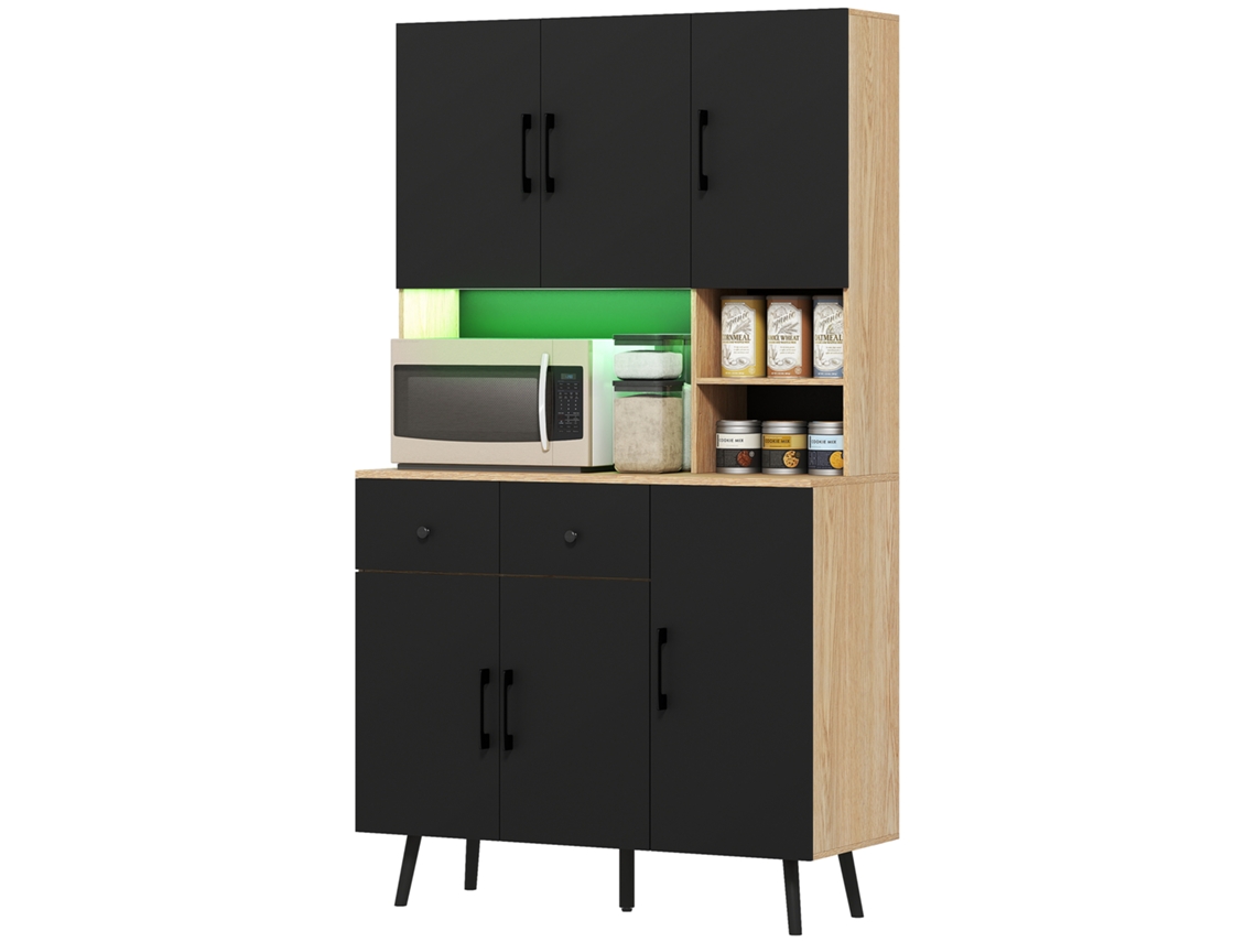 Despensa com luzes led rgb, preto e carvalho, 100x40x176 cm com 6 portas, 2 gavetas, bancada, furo de cabo | S/MARCA