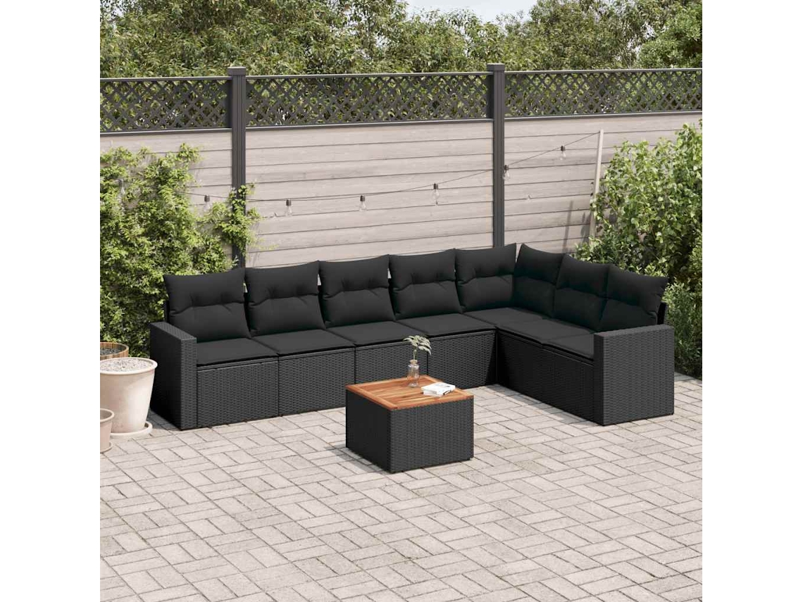 Vidaxl 8 Pcs Conjunto Sofás De Jardim Com Almofadões Vime Pe Preto