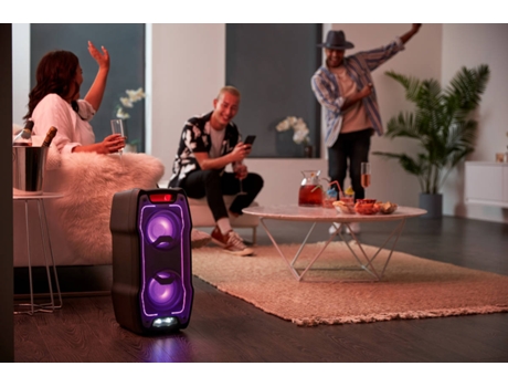 Coluna High Power SHARP PS-929 (180W - Bluetooth) — SHARP PS929 Party Speaker, karaokê, microfone incluído, TWS para conectar um segundo PS-929 em estéreo, Bluetooth, 2xUSB, 2x6,3mm para micro e guitarra, luzes multicoloridas,180W de potência, bateria com até 14h