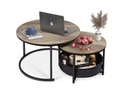 Conjunto De 2 Mesas Redondas Wlive Design Moderno Com Cesto Têxtil, Diâmetro 80 Cm, Quarto E Escritório, Carvalho Cinza