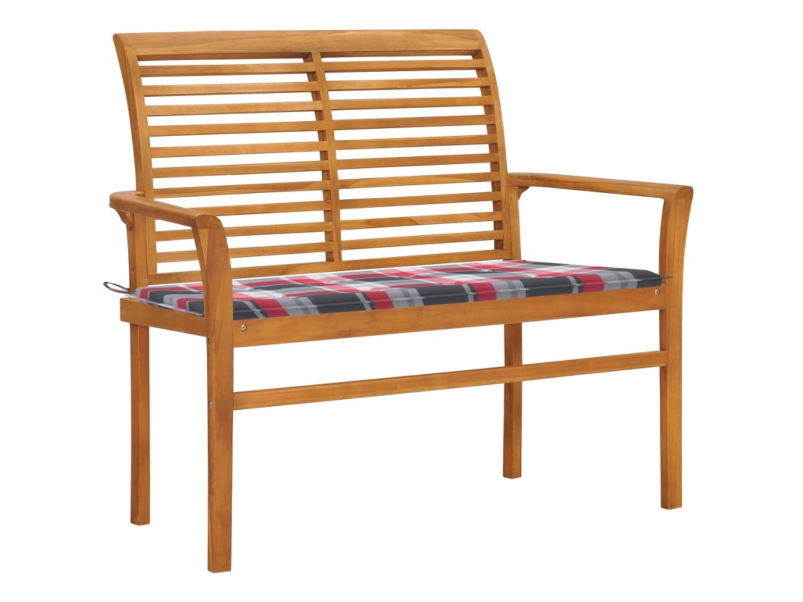 Vidaxl Banco De Jardim C/ Almofadão Xadrez Vermelho 112cm Teca Maciça