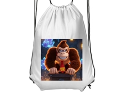 Mochila De Ginástica Infantil Branca, Confortável E Prática, Com Estampa Do Donkey Kong Em Frente A Cristais Brilhantes Uma Colorida Aventura De Jogo