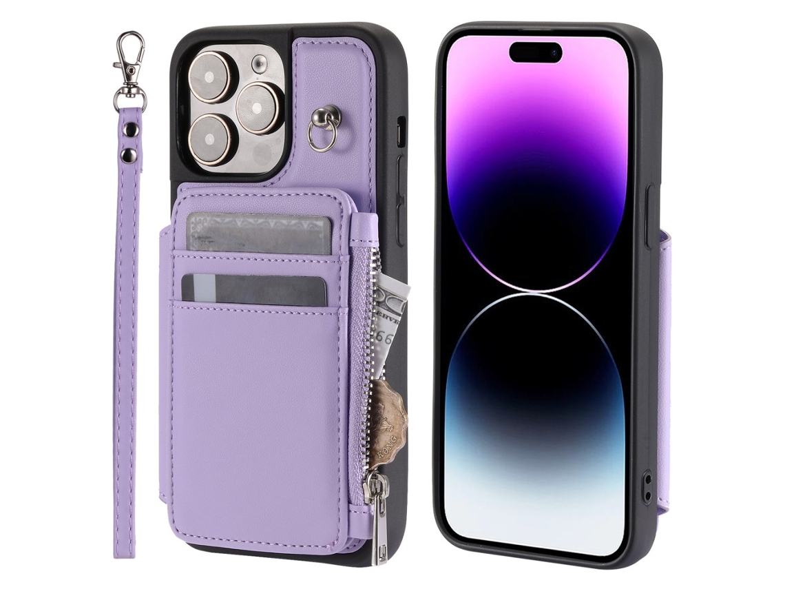 Capa Bloqueio Rfid Pega Para Iphone 15 Pro Pele Sintética Roxo