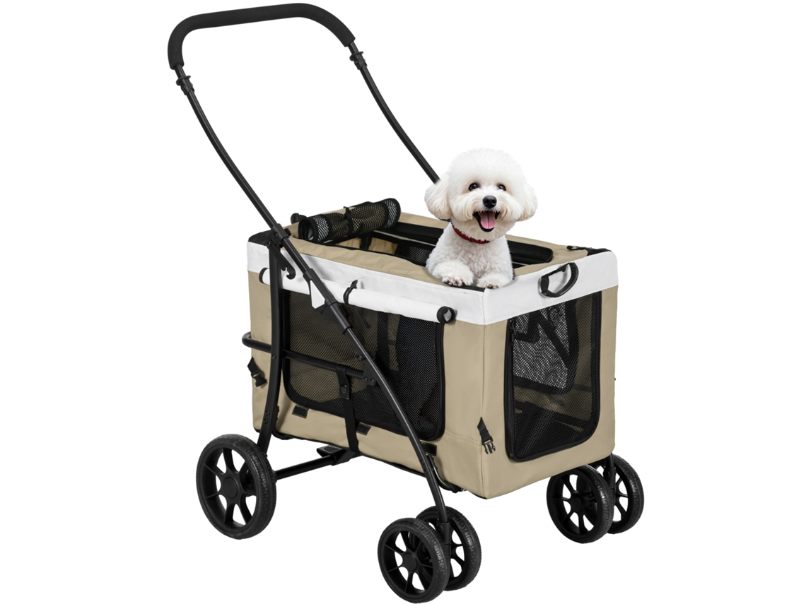 Carrinho Dobrável para Cães com Vagão Destacável, 4 Portas com Zíper, 2 Cintos de Segurança e Almofada, Cor Cáqui. NOVAVEST COM