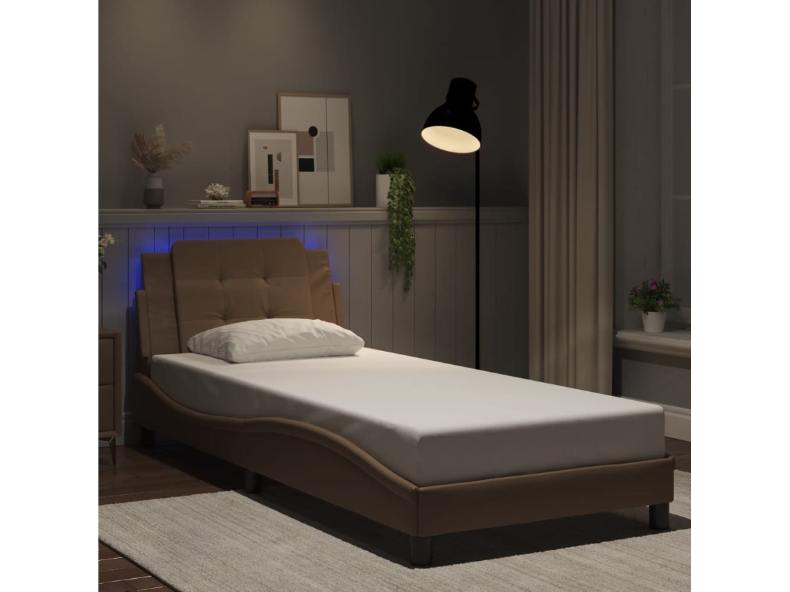 Estrutura De Cama C/ Luzes Led 80x200cm Couro Artif. Cappuccino