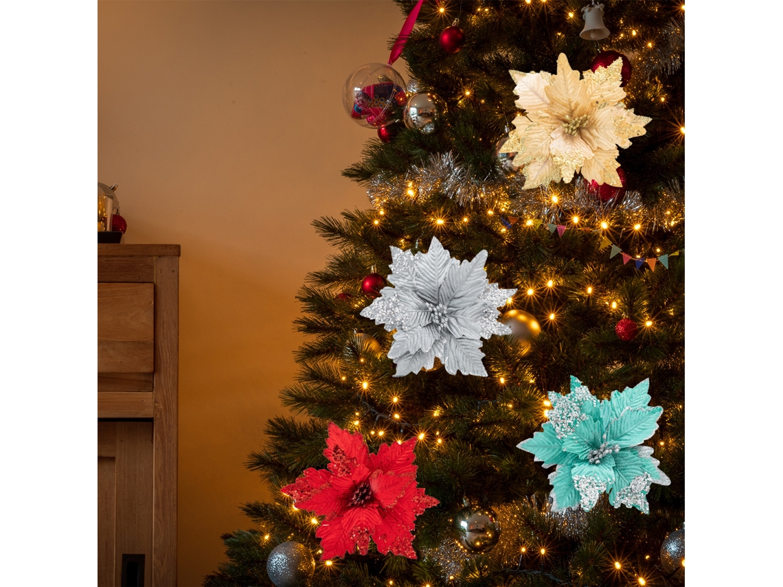 Videira De Flor De Natal Artificial (com Haste, Retrátil, Prateada 25cm) Eoocoo