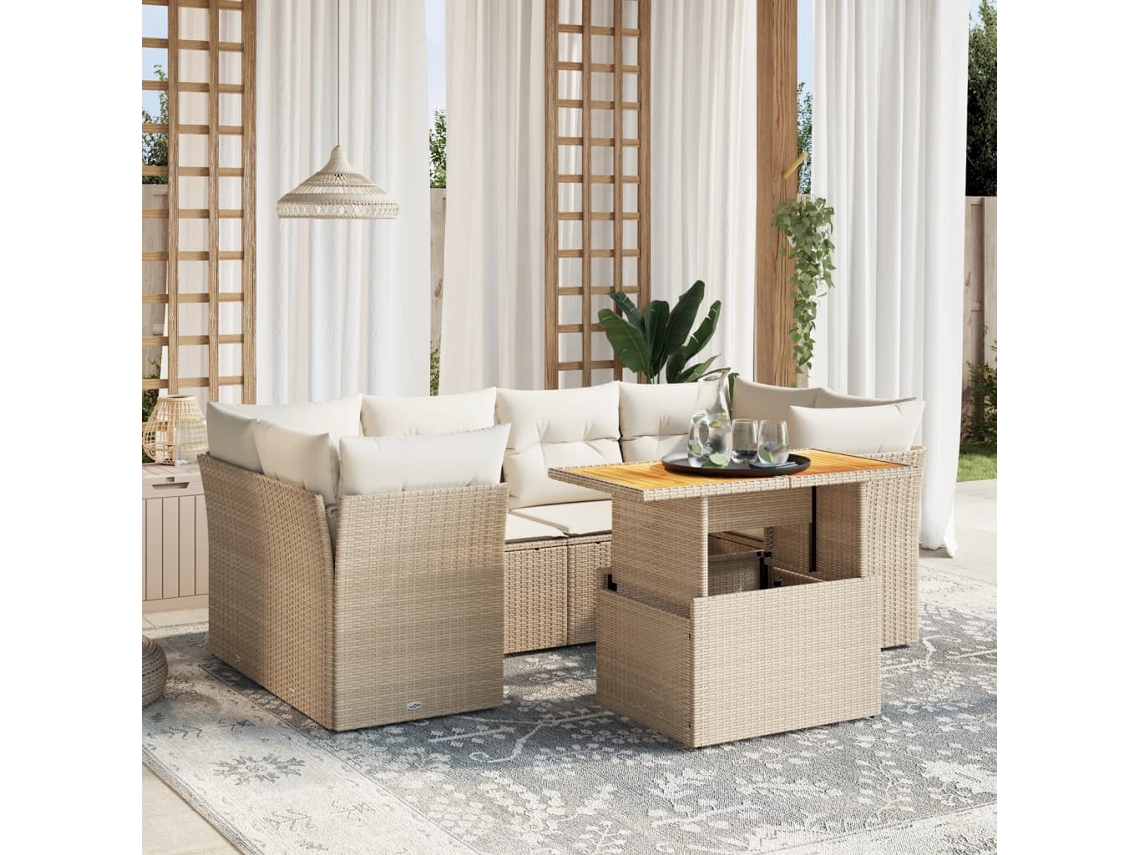 Vidaxl 7 Pcs Conjunto De Sofás P/ Jardim Com Almofadões Vime Pe Bege